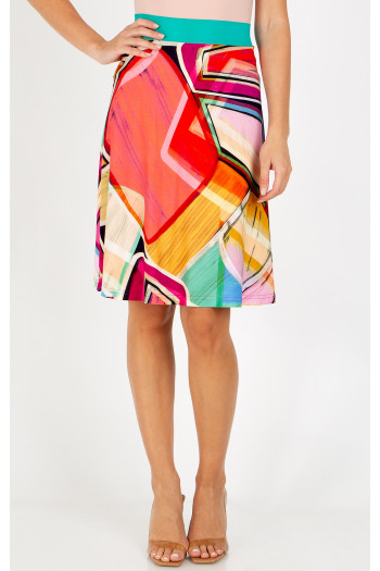 Fustă scurtă cloș cu imprimeu geometric în culorile Fuchsia Red, Opal și Warm Apricot