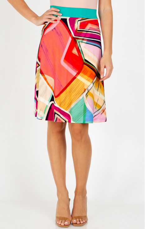 Fustă scurtă cloș cu imprimeu geometric &icirc;n culorile Fuchsia Red, Opal și Warm Apricot