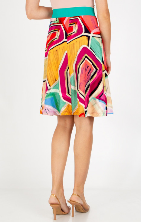 Fustă scurtă cloș cu imprimeu geometric în culorile Fuchsia Red, Opal și Warm Apricot [1]