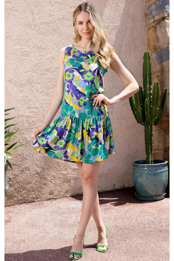 Rochie de vară din viscoză satinată cu desen floral de culoare Deep Mint și  Violet Storm