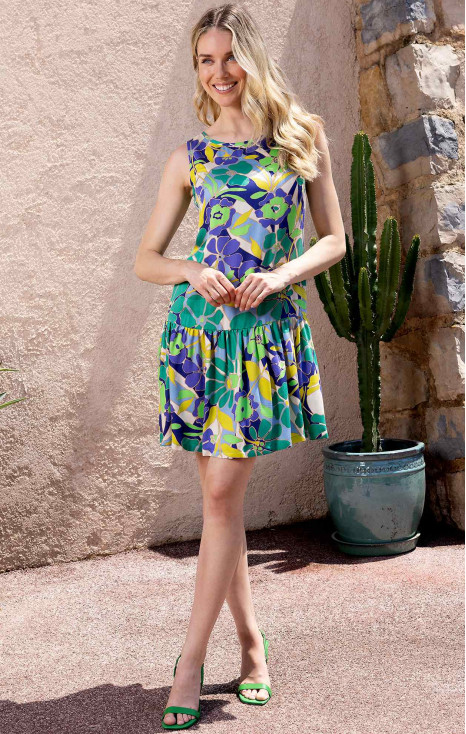 Rochie de vară din viscoză satinată cu desen floral de culoare Deep Mint și Violet Storm