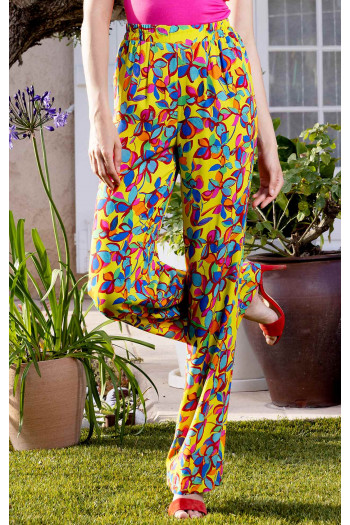 Pantaloni vaporoși de vară din viscoză de culoare Celery cu imprimeu floral intens în culorile Aqua Green și Fuchsia