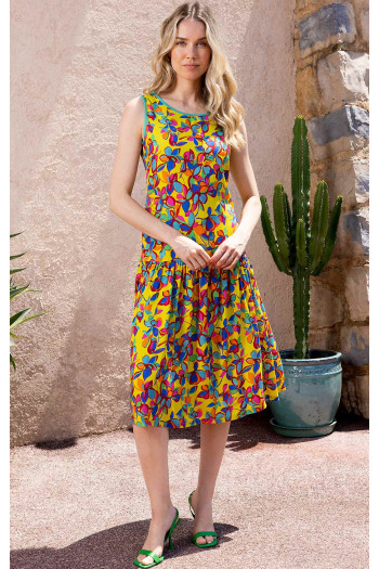 Rochie de vară vaporoasă în culoarea Celery, cu imprimeu floral intens în Aqua Green și Fuchsia [1]