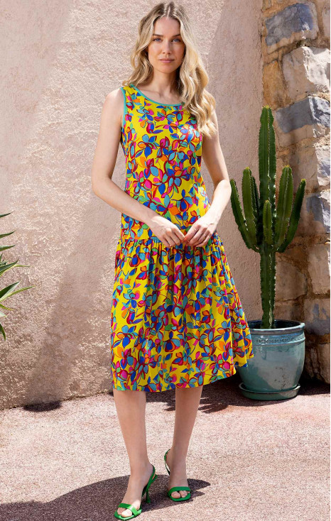 Rochie de vară vaporoasă în culoarea Celery, cu imprimeu floral intens în Aqua Green și Fuchsia