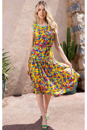 Rochie de vară vaporoasă în culoarea Celery, cu imprimeu floral intens în Aqua Green și Fuchsia