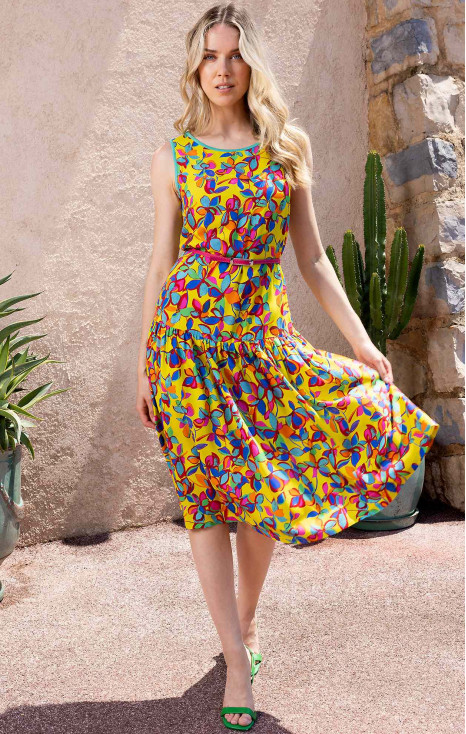 Rochie de vară vaporoasă &icirc;n culoarea Celery, cu imprimeu floral intens &icirc;n Aqua Green și Fuchsia