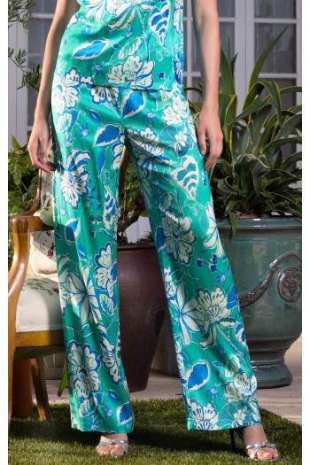 Pantalon elegant de vară din vâscoză cu finisaj satinat, în culoarea Mint Leaf, cu imprimeu floral [1]