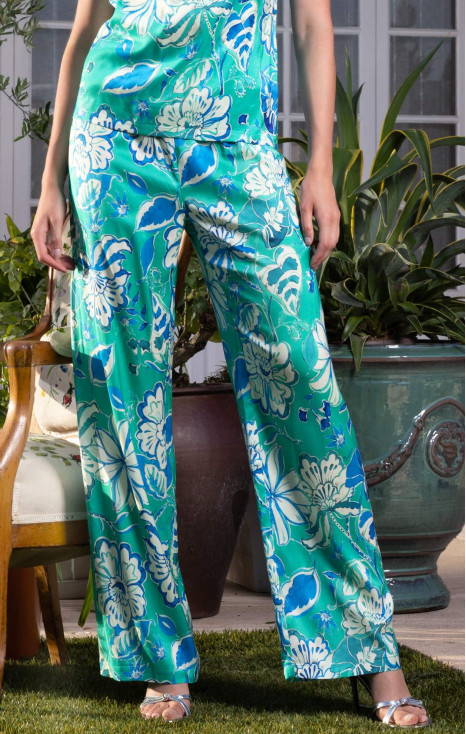 Pantalon elegant de vară din v&acirc;scoză cu finisaj satinat, &icirc;n culoarea Mint Leaf, cu imprimeu floral