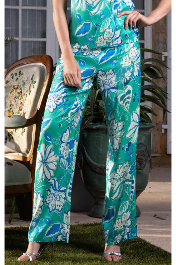 Pantalon elegant de vară din vâscoză cu finisaj satinat, în culoarea Mint Leaf, cu imprimeu floral