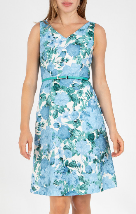 Rochie stilată și rafinată, realizată din jacard din bumbac cu motive florale &icirc;n culoarea Powder Blue