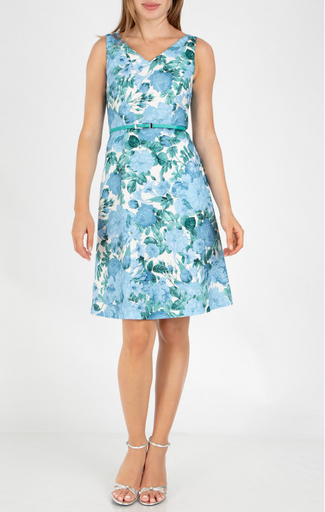 Rochie stilată și rafinată, realizată din jacard din bumbac cu motive florale &icirc;n culoarea Powder Blue