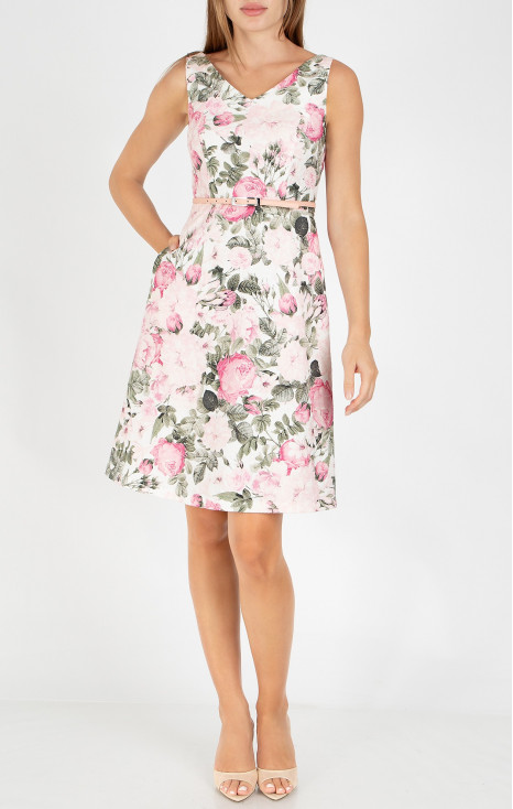 Rochie elegantă și rafinată, realizată din jacard din bumbac cu motive florale &icirc;n culoarea Delicate Pink Rose