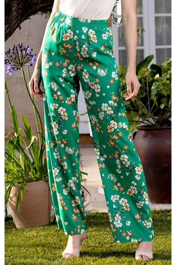 Pantaloni eleganți de vară în culoare verde intens cu imprimeu floral cu imprimeu floral 