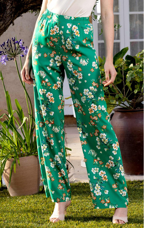 Pantaloni eleganți de vară &icirc;n culoare verde intens cu imprimeu floral cu imprimeu floral 