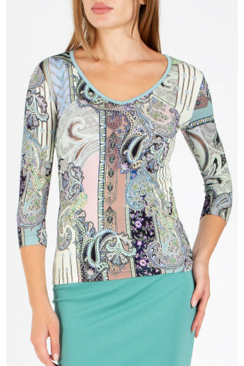 Bluză din tricot moale cu motive paisley, în nuanțe de albastru și verde [1]
