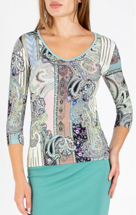 Bluză din tricot moale cu motive paisley, în nuanțe de albastru și verde [1]