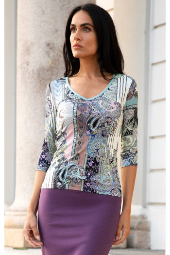 Bluză din tricot moale cu motive paisley, în nuanțe de albastru și verde