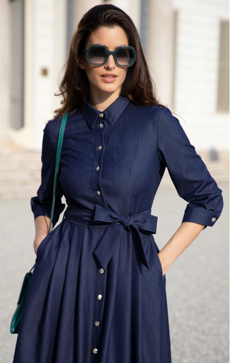Rochie midi, tip cămașă de culoare Denim Dark Blue