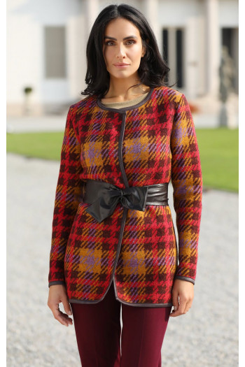 Cardigan călduros în carouri, din lână proaspătă, în gamă de culori roșu de toamnă
