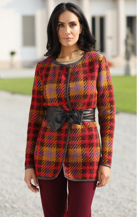 Cardigan călduros &icirc;n carouri, din l&acirc;nă proaspătă, &icirc;n gamă de culori roșu de toamnă