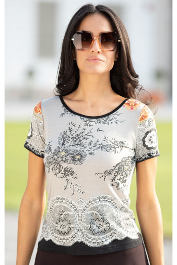 Bluză din material de tricot ușor, cu imprimeu floral tip dantelă [1]
