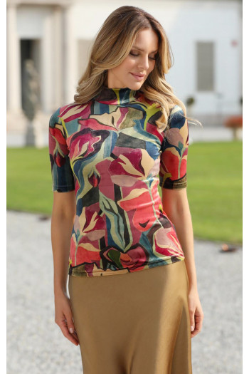 Bluză cu guler tip helancă din catifea, cu desen floral cald