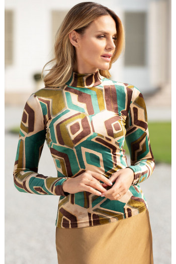 Bluză din catifea, mânecă lungă, cu guler tip helancă în culorile Antique Green, Olive și Coffee Brown