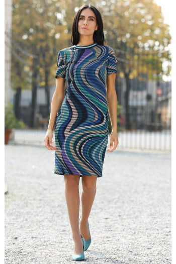 Rochie dreaptă din material de tricot mulat, cu imprimeu grafic multicolor în gama albastru [1]