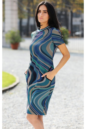Rochie dreaptă din material de tricot mulat, cu imprimeu grafic multicolor în gama albastru