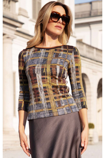 Bluză spectaculoasă din material de tricot de lux, cu desen grafic strălucitor în Bronze și Silver