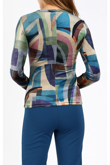 Bluză din catifea, cu decolteu tip barcă, în imprimeu geometric în gamă albastru-verde [1]