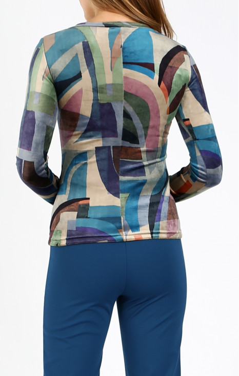 Bluză din catifea, cu decolteu tip barcă, în imprimeu geometric în gamă albastru-verde [1]