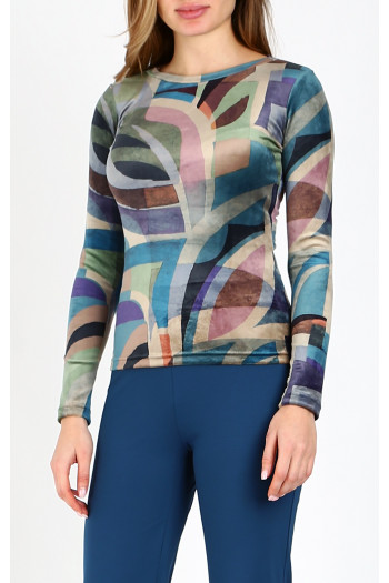 Bluză din catifea, cu decolteu tip barcă, în imprimeu geometric în gamă albastru-verde