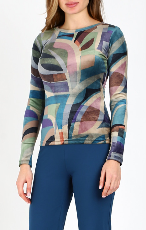 Bluză din catifea, cu decolteu tip barcă, &icirc;n imprimeu geometric &icirc;n gamă albastru-verde