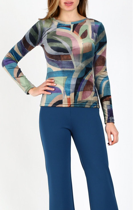 Bluză din catifea, cu decolteu tip barcă, &icirc;n imprimeu geometric &icirc;n gamă albastru-verde
