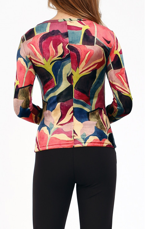 Bluză din catifea, cu decolteu tip barcă, &icirc;n model floral cald