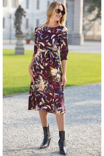  Rochie elegantă din viscoză de lux, de culoare Grape Wine cu imprimeu floral pitoresc 