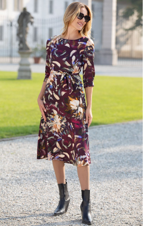  Rochie elegantă din viscoză de lux, de culoare Grape Wine cu imprimeu floral pitoresc 