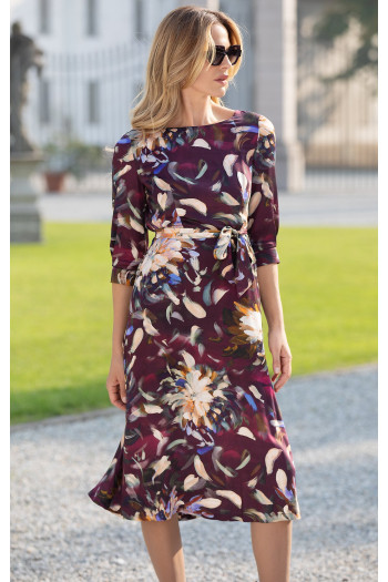  Rochie elegantă din viscoză de lux, de culoare Grape Wine cu imprimeu floral pitoresc  [1]