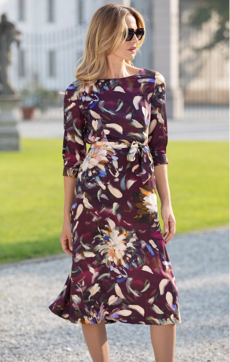  Rochie elegantă din viscoză de lux, de culoare Grape Wine cu imprimeu floral pitoresc 