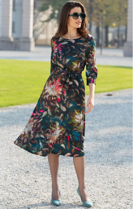 Rochie elegantă din viscoză de lux &icirc;n verde &ldquo;Ocean Depth&rdquo; cu imprimeu floral pitoresc