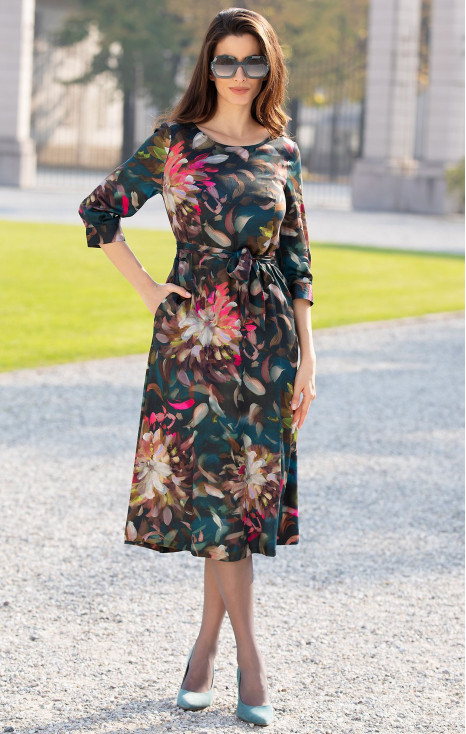 Rochie elegantă din viscoză de lux &icirc;n verde &ldquo;Ocean Depth&rdquo; cu imprimeu floral pitoresc