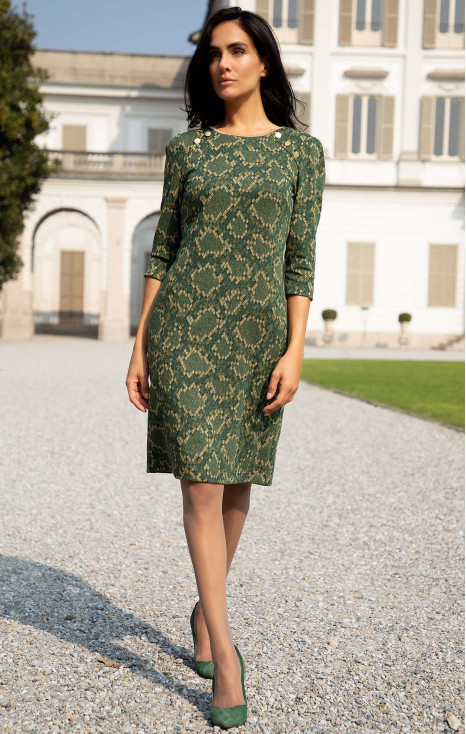 Rochie stilată din jacquard de tricot, cu fire aurii