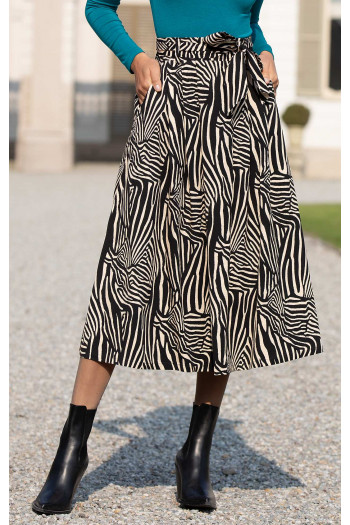 Fustă midi din viscoză de lux, cu imprimeu grafic în negru și ecru
