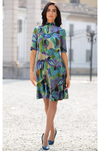 Rochie din catifea, cu desen floral abstract, în gama albastru-verde