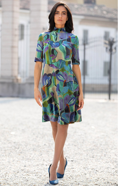 Rochie din catifea, cu desen floral abstract, &icirc;n gama albastru-verde