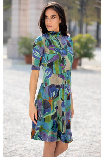 Rochie din catifea, cu desen floral abstract, în gama albastru-verde [1]