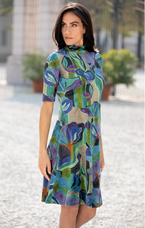 Rochie din catifea, cu desen floral abstract, în gama albastru-verde [1]