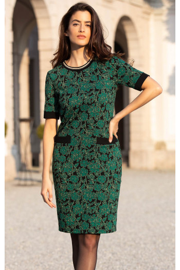 Rochie elegantă din jacquard tricotat, cu elemente florale, în Evergreen, cu fire aurii. [1]