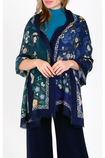 Eșarfă elegantă din lână și mătase, cu imprimeu Mystic Blue Floral Whisper